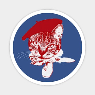 Ooo la la Cat with Beret, Red and White on Blue Magnet